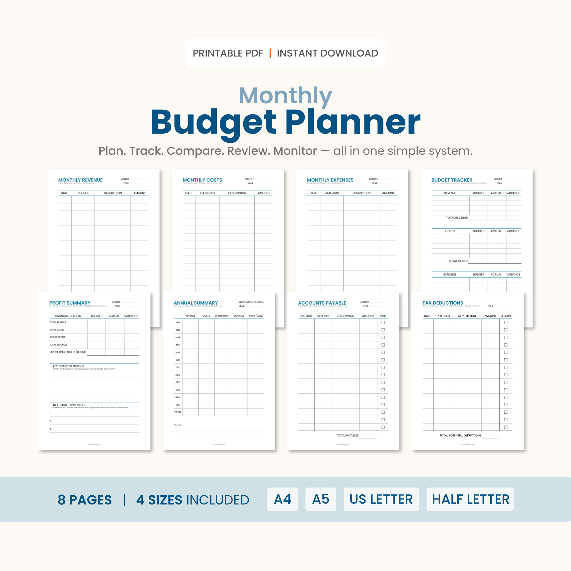 Monthly Budget Planner printable PDF with 8 financial planning templates
